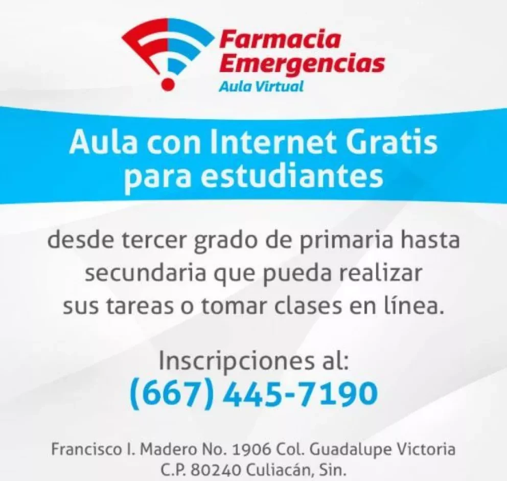 Aula con internet gratis para estudiantes de Culiacán con Farmacia Emergencias