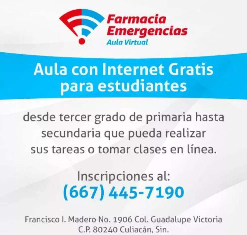 Aula con internet gratis para estudiantes de Culiacán con Farmacia Emergencias
