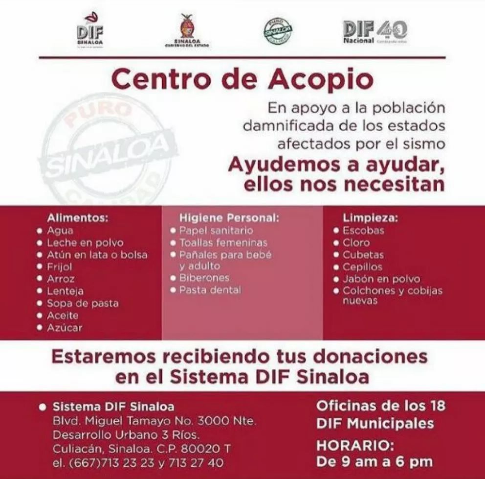 Centros de acopio en Culiacán para hermanos en CDMX