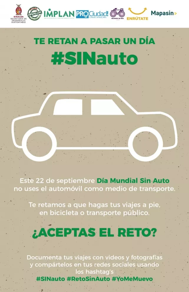 Organismos sociales y dependencias gubernamentales convocan a unirse al reto #SinAuto