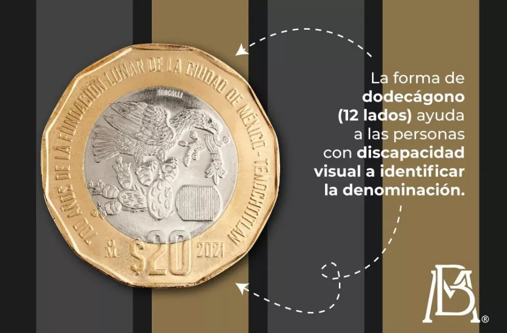 Banco de México presenta monedas de 20 pesos, tienen 12 lados, lo que ayuda a personas con discapacidad visual a identificar la denominación