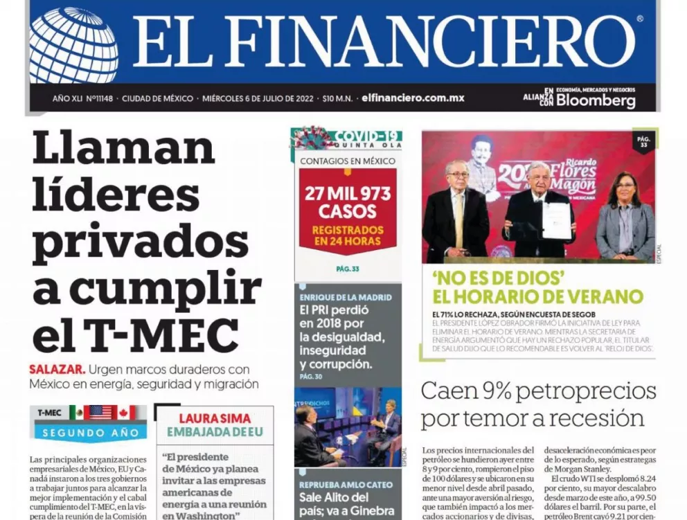 Portadas de los principales diarios nacionales de México