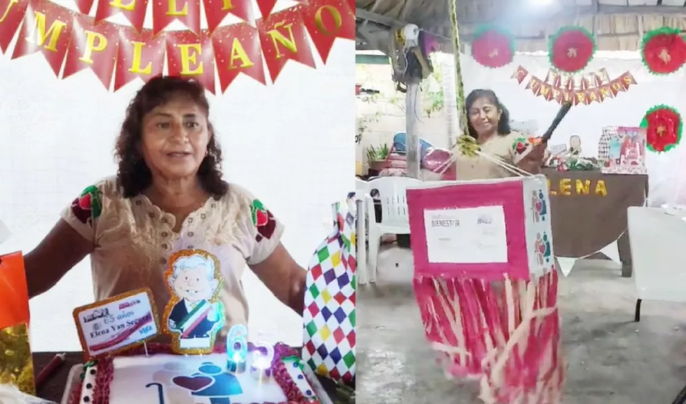 Adulta mayor celebra cumpleaños 65 con temática de AMLO y del programa de Adultos Mayores