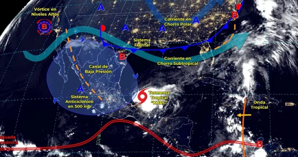 Clima en México. Tormenta tropical Karl ocasionará lluvias en Chiapas y Tabasco, en Campeche y Veracruz