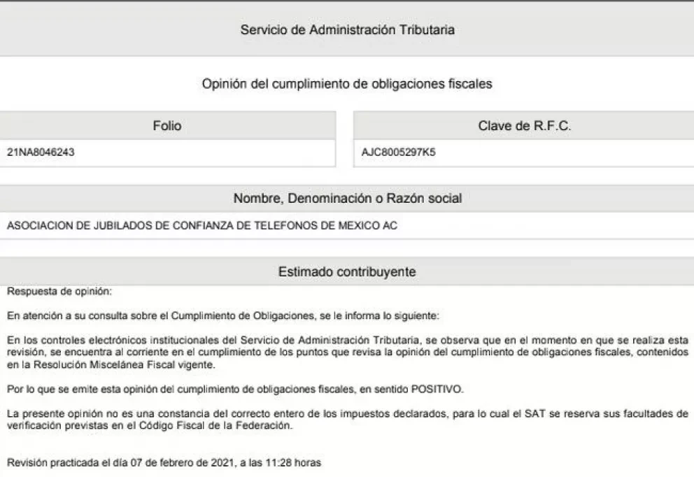 Opinión de cumplimiento positiva. Foto: Asociación de jubilados de confianza de teléfonos de México
