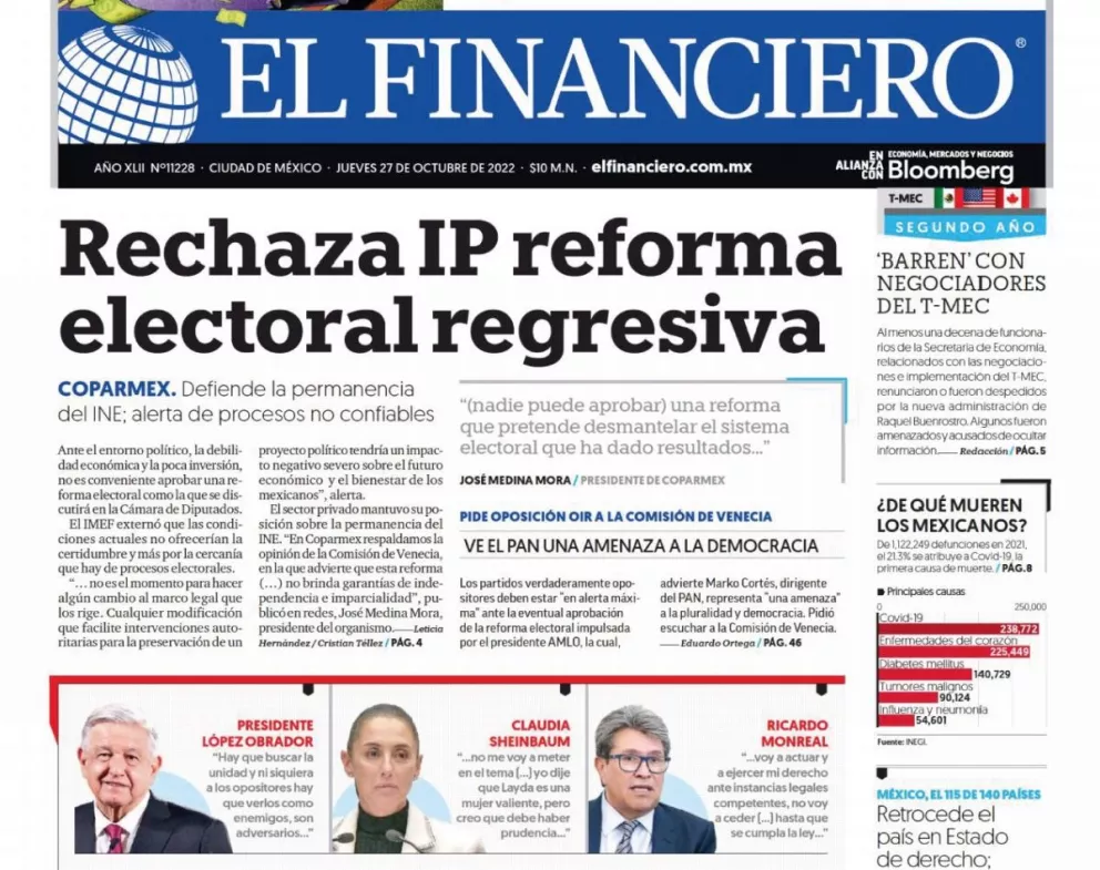 Portadas de los principales diarios nacionales de México