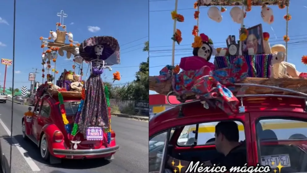 VIDEO: México Mágico, un gran altar de Día de Muertos arriba de un vocho se hace viral en TikTok