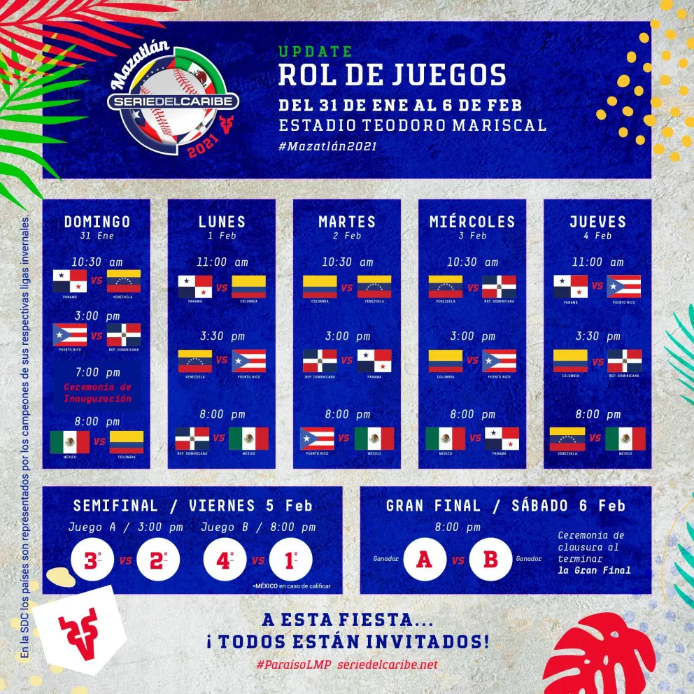 Este es el calendario de juegos para la Serie del Caribe