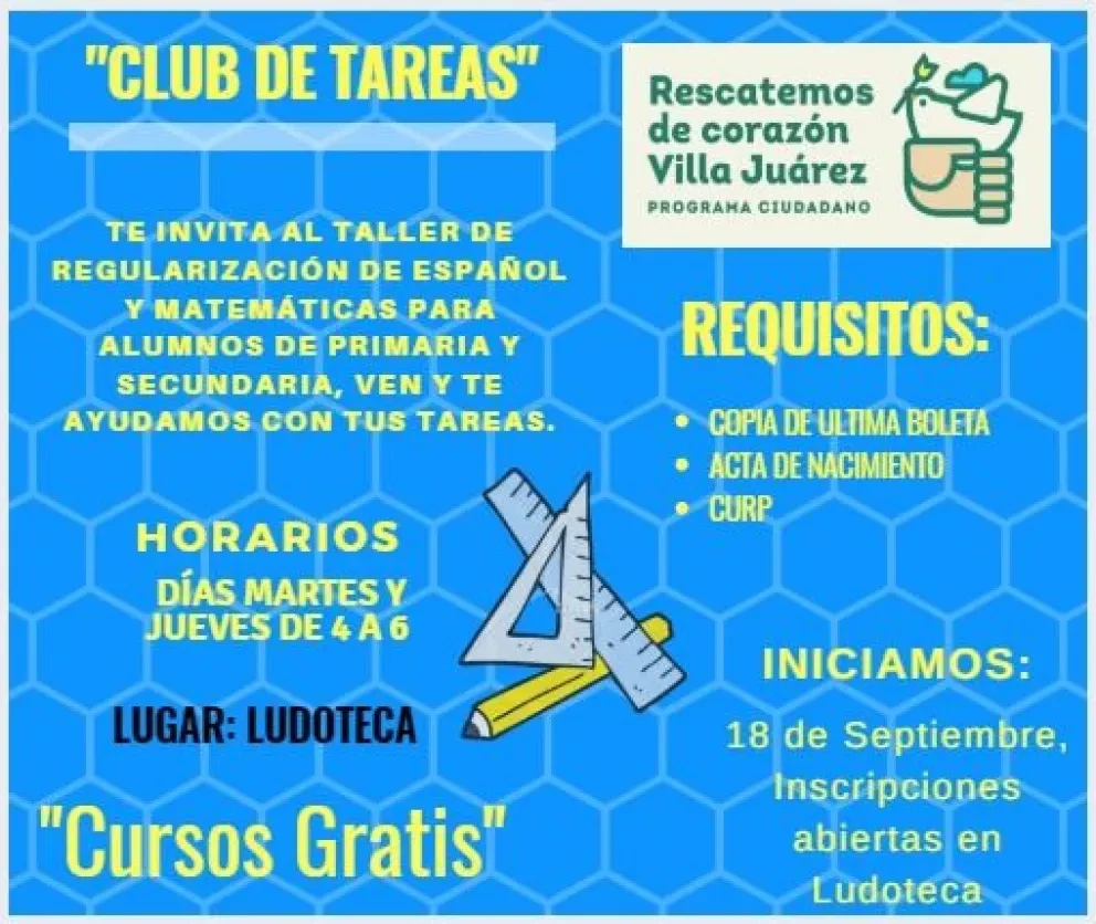 Realizarán club de tareas en Villa Juárez