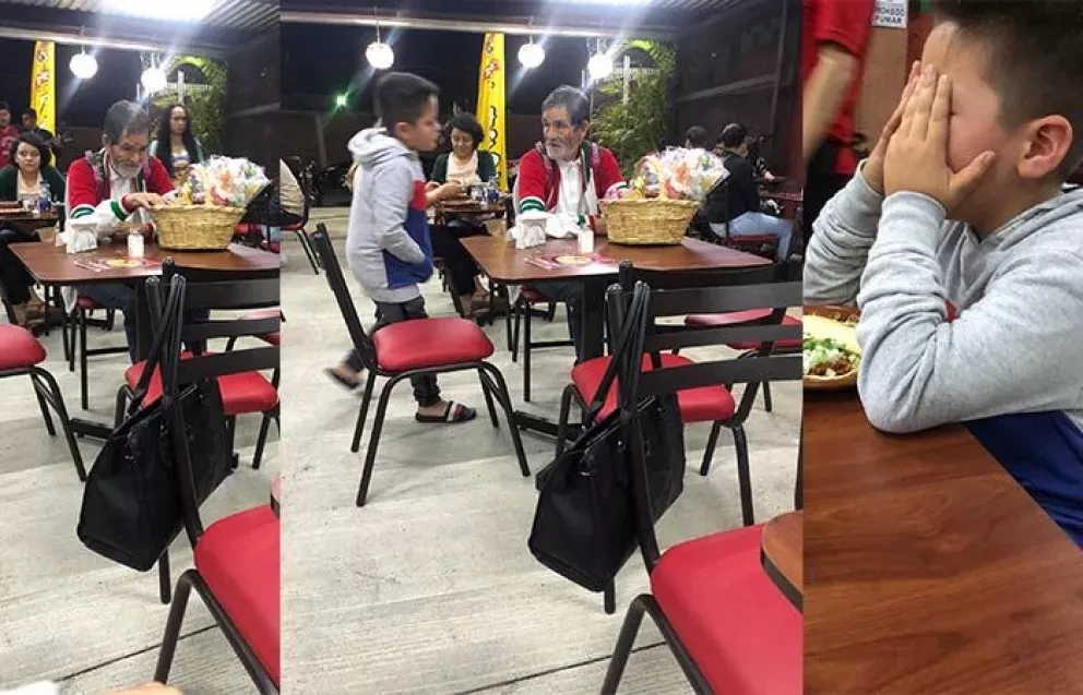 El niño Adalid regala comida y dinero a un anciano por navidad