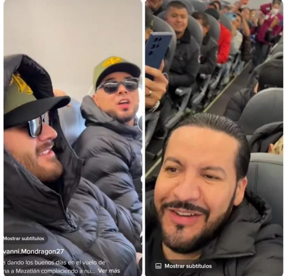 Los integrantes de la Banda El Recodo cantan durante vuelo.