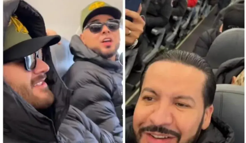 Los integrantes de la Banda El Recodo cantan durante vuelo.