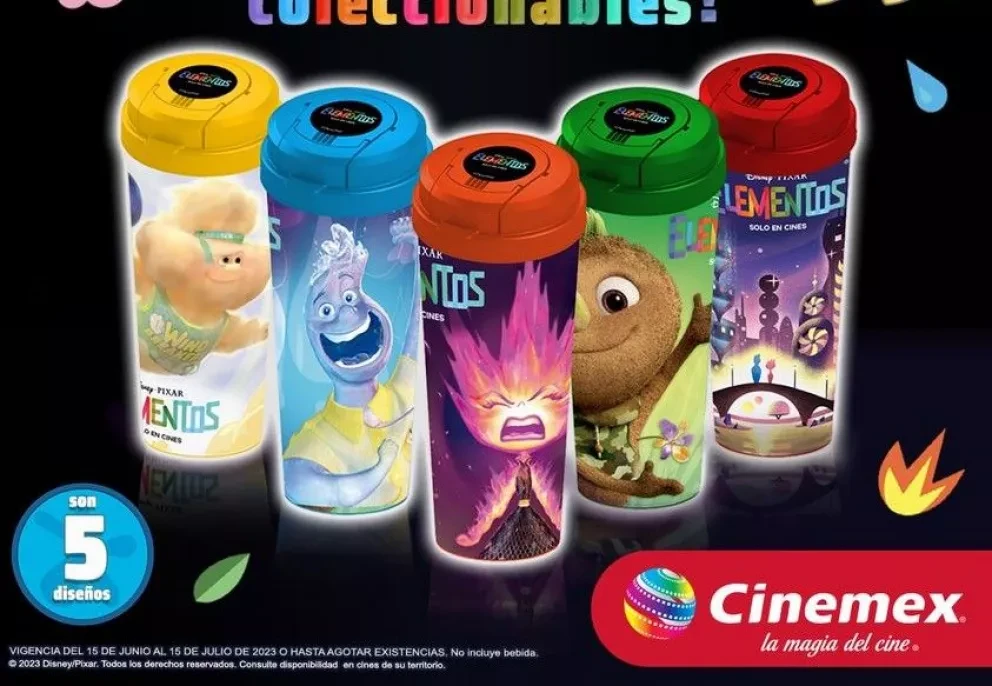 Cinemex lanza 5 vasos coleccionables con los personajes de la película Elementos, en vísperas de su estreno en México. Foto: Cortesía