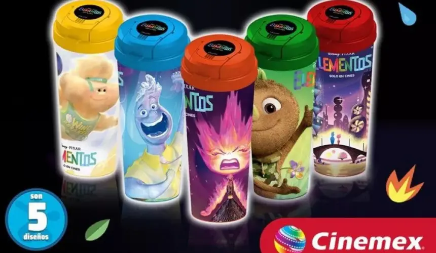 Cinemex lanza 5 vasos coleccionables con los personajes de la película Elementos, en vísperas de su estreno en México. Foto: Cortesía