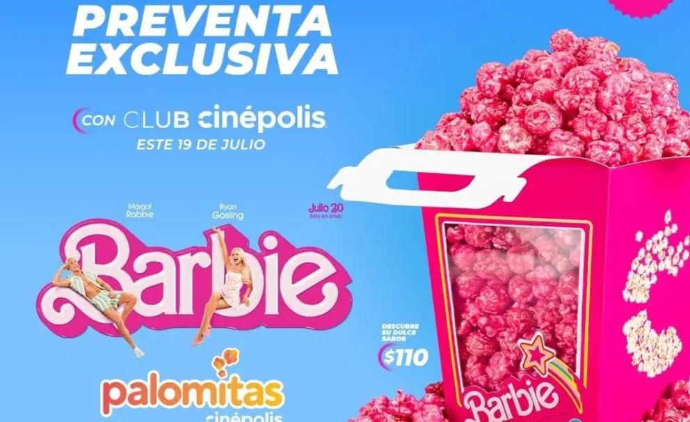 Palomitas rosas edición especial de Barbie en Cinépolis, en Guanajuato y Querétaro. Foto: Cortesía