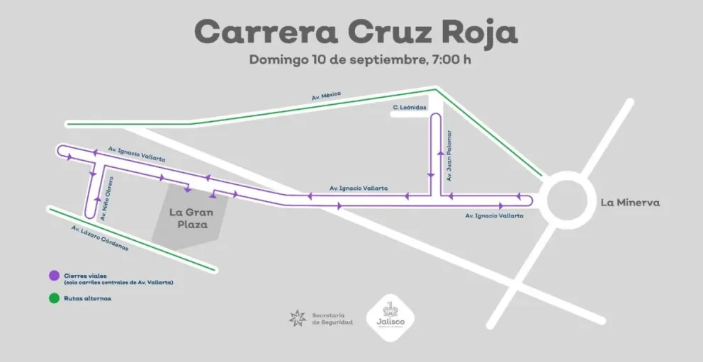 GUADALAJARA. Vialidades que estarán cerradas por carrera pedestre este domingo 10 de septiembre.