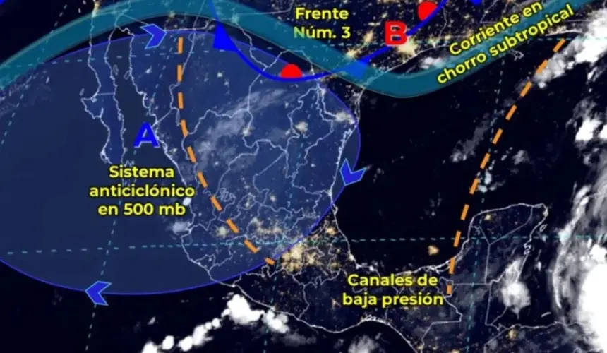 El frente frío núm. 3 se extenderá con características de estacionario sobre el noreste del país. Imagen: Conagua