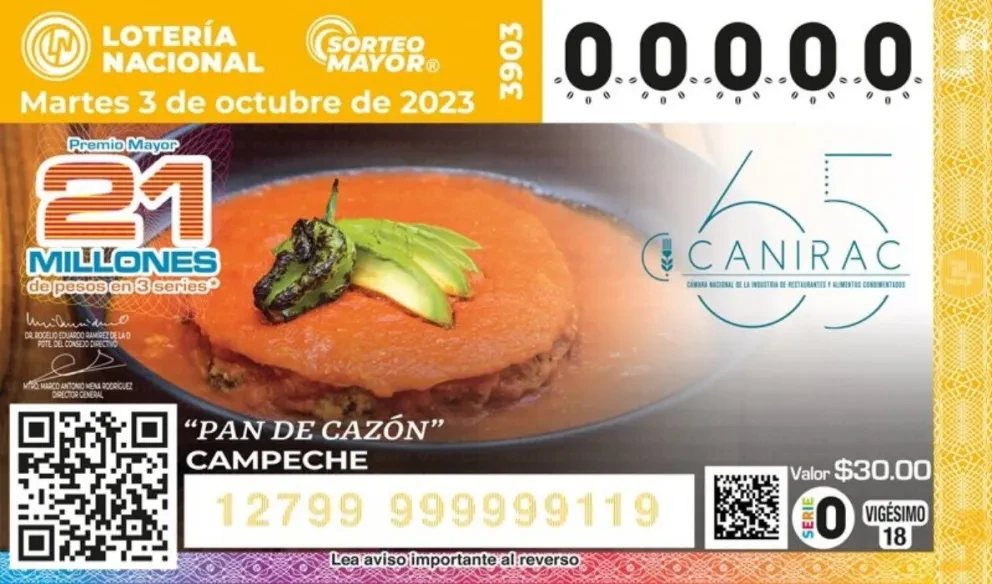Esta edición del Sorteo Mayor tuvo un cachito alusivo al pan de cazón, platillo típico de Campeche. Foto: Lotenal