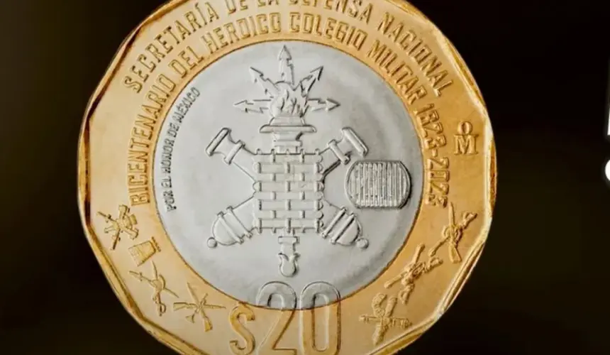 La nueva moneda de 20 pesos tiene detalles alusivos al Heroico Colegio Militar. Foto: Banxico