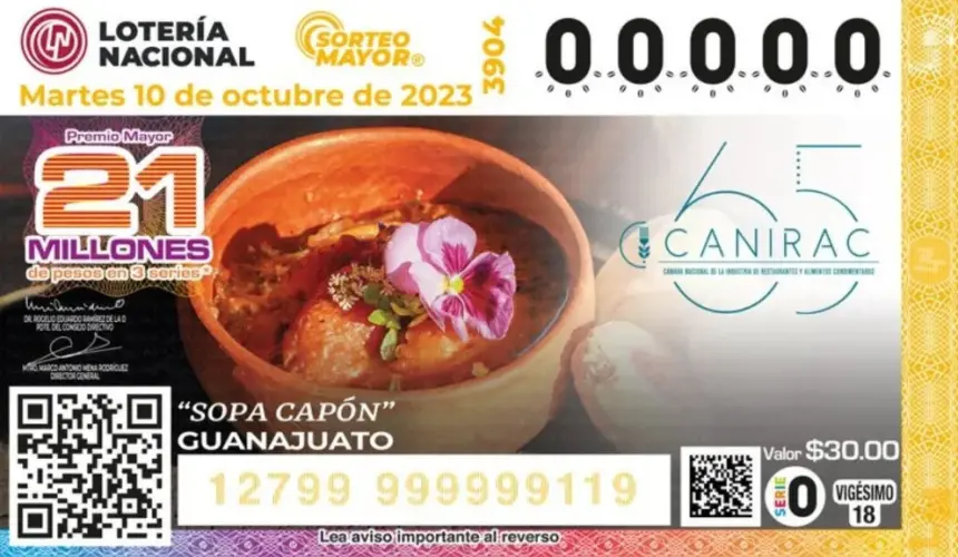 El cachito de esta edición del Sorteo Mayor estuvo dedicado a la Sopa Capón, platillo típico de Guanajuato. Foto: Lotería Nacional