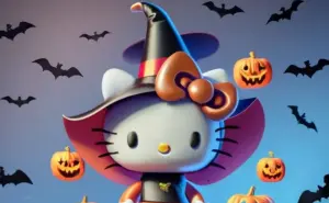 Nombres de niña y mujer en diseño 3D con Hello Kitty y disfraz al estilo Halloween, creados por la inteligencia artificial