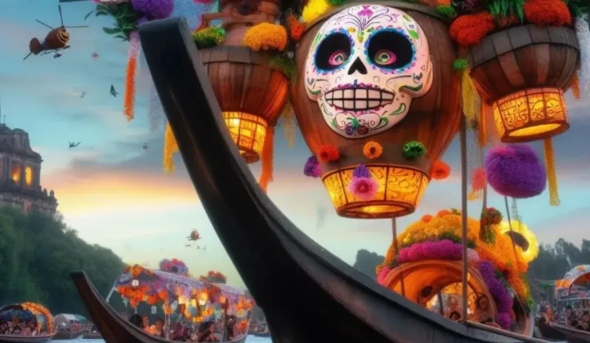 Así se vería Xochimilco en Día de Muertos estilo Disney Pixar según la inteligencia artificial