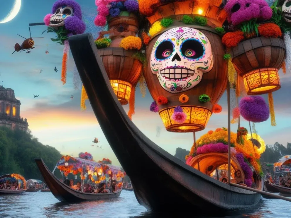 Así se vería Xochimilco en Día de Muertos estilo Disney Pixar según la inteligencia artificial
