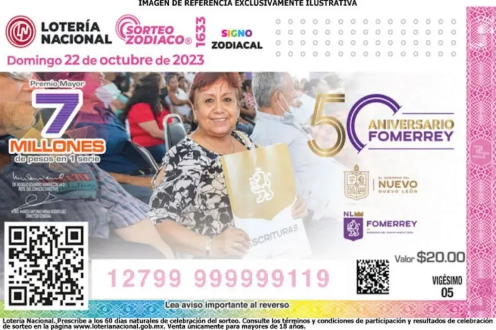 El billete del Sorteo Zodiaco 1633 fue alusivo al 50 aniversario de Fomerrey. Foto: Lotenal