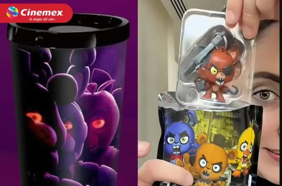 Vasos y llaveros de colección de Five Nights at Freddys en Cinemex. Foto: Coleccionando