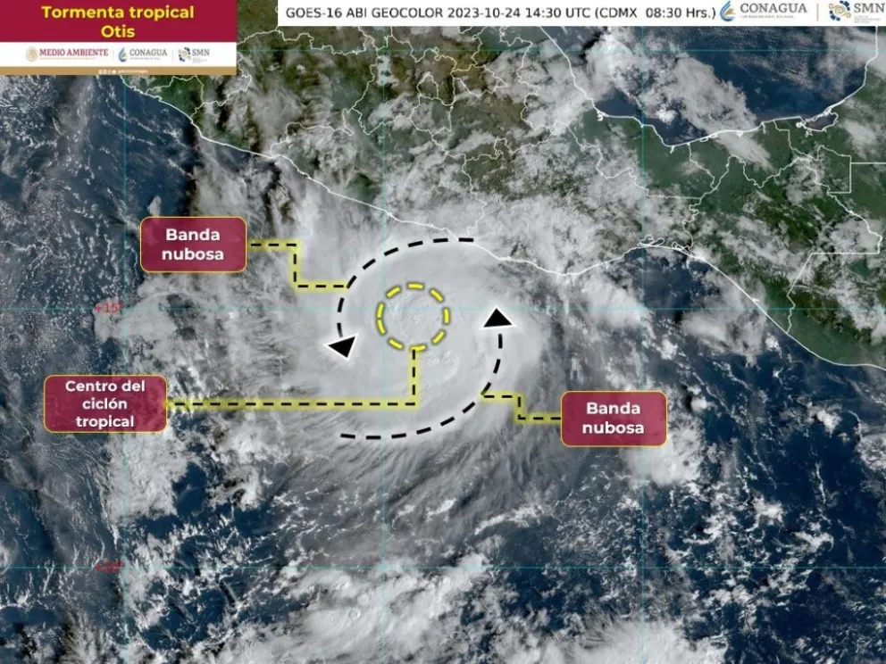 La tormenta Otis podría intensificarse a huracán categoría 1 mientras se ubica en las costas de México. Foto: Conagua