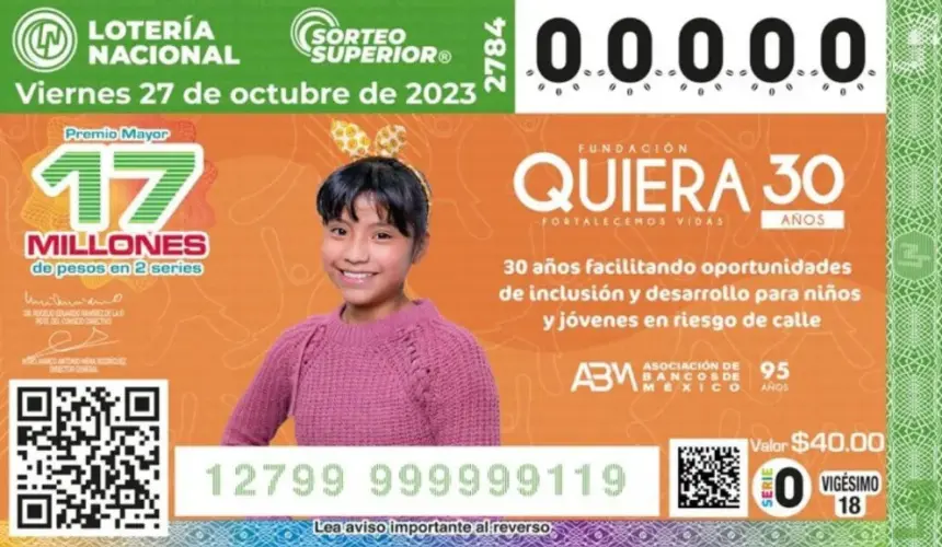 El billete del Sorteo Superior 2784 fue alusivo al 30 aniversario de la Fundación Quiera. Foto: Lotenal