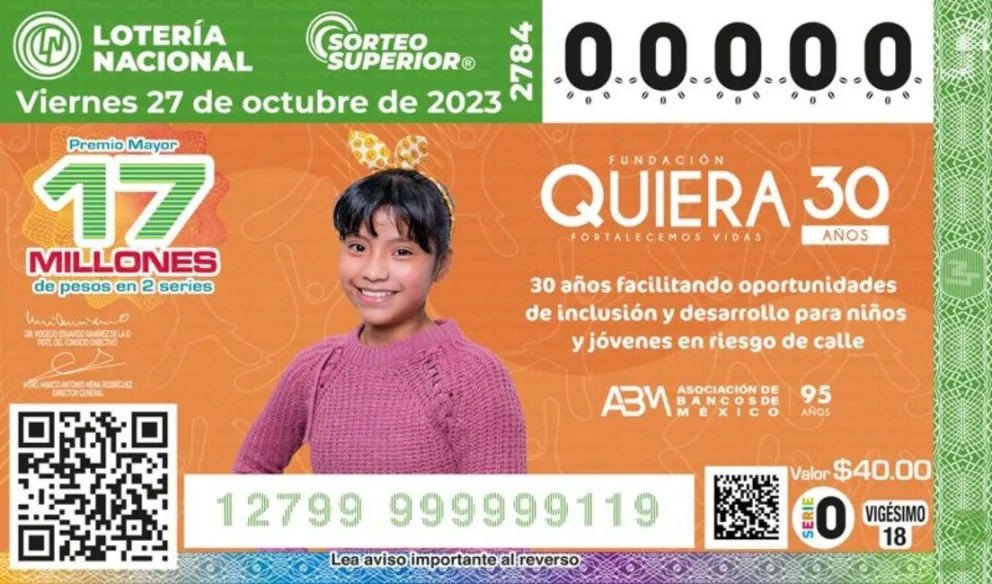 El billete del Sorteo Superior 2784 fue alusivo al 30 aniversario de la Fundación Quiera. Foto: Lotenal