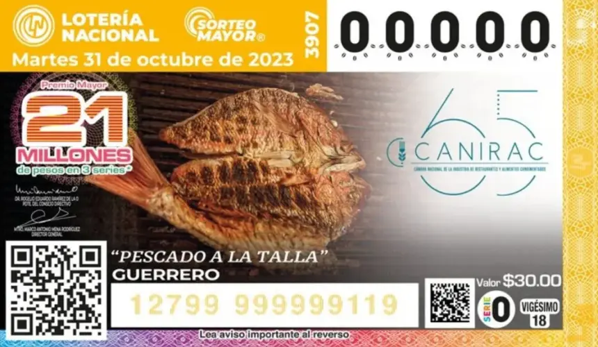 El billete del Sorteo Mayor 3907 estuvo dedicado al Pescado a la talla, delicioso platillo típico de Guerrero. Foto: Lotenal