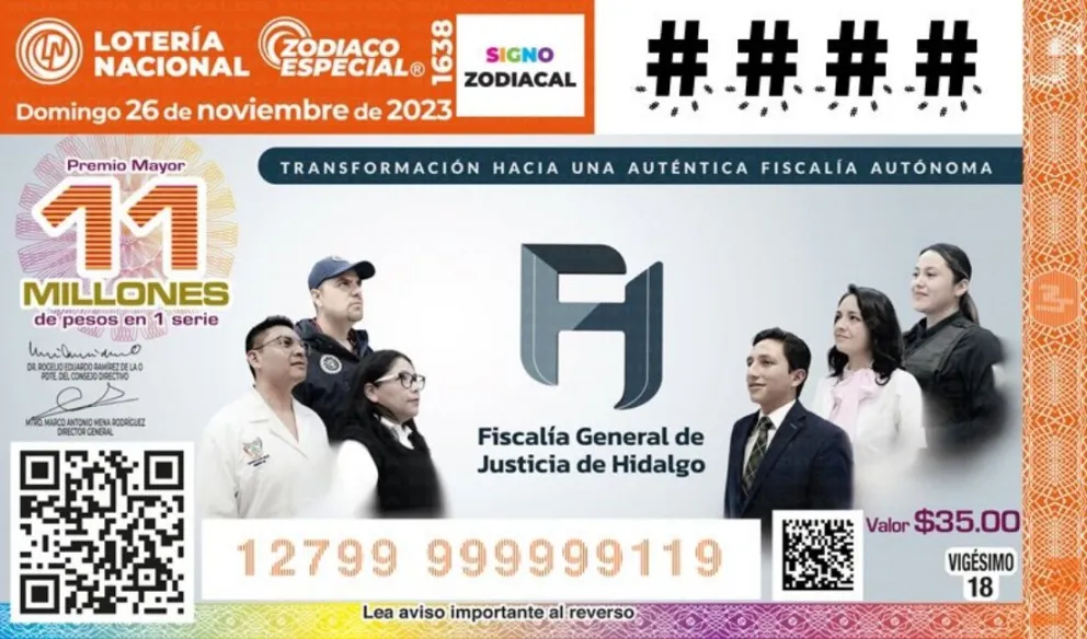 En esta ocasión, el Sorteo Zodiaco Especial tuvo un billete dedicado a la Fiscalía General de Justicia de Hidalgo (FGJH). Foto: Lotenal