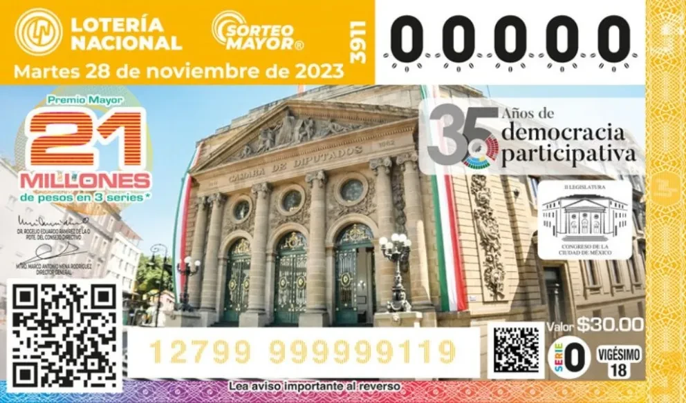 El billete de esta edición del Sorteo Mayor estuvo dedicado a conmemorar los 35 años del Congreso de la CDMX. Foto: Lotenal