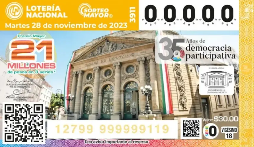 El billete de esta edición del Sorteo Mayor estuvo dedicado a conmemorar los 35 años del Congreso de la CDMX. Foto: Lotenal