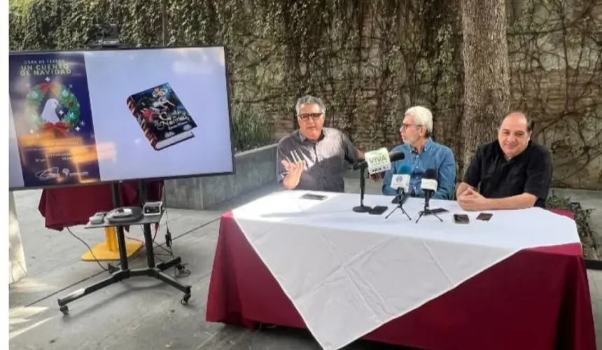 El director de Parques Alegres, Guillermo Espinoza García, el líder de Construyendo Paz, Javier Llausas Magaña y el maestro Miguel Alonso Gutiérrez Bolaño, anuncian la maravillosa obra de teatro “Cuento de Navidad”.