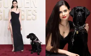¡Momento histórico! Aria Mia Loberti desfila con su perro guía en la alfombra roja de los Globos de Oro
