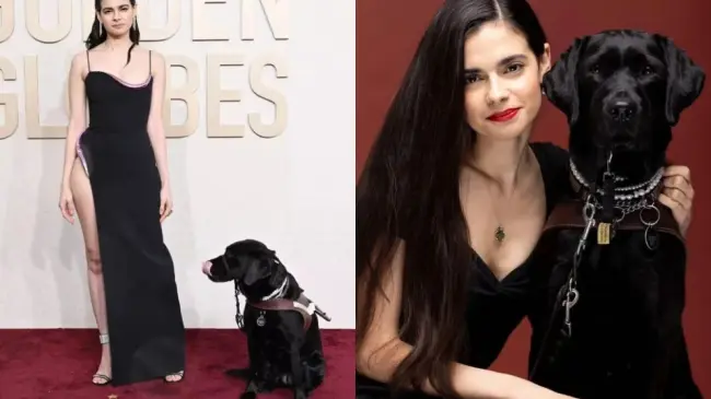 ¡Momento histórico! Aria Mia Loberti desfila con su perro guía en la alfombra roja de los Globos de Oro