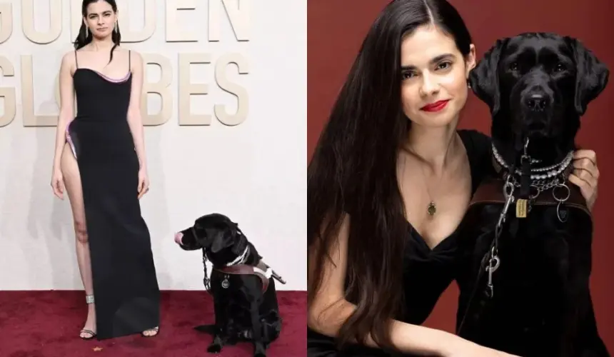 ¡Momento histórico! Aria Mia Loberti desfila con su perro guía en la alfombra roja de los Globos de Oro