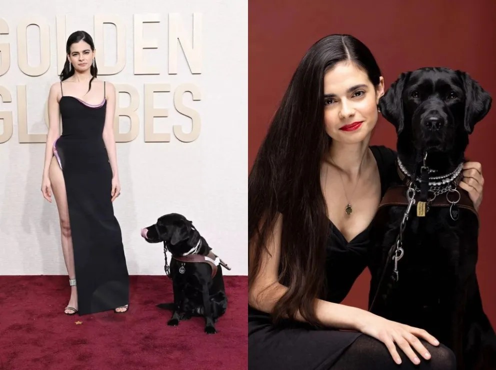 ¡Momento histórico! Aria Mia Loberti desfila con su perro guía en la alfombra roja de los Globos de Oro
