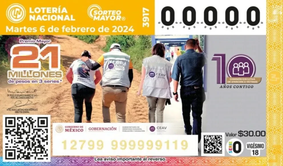 El billete del Sorteo Mayor 3917 estuvo dedicado a conmemorar los 10 años de la Comisión Ejecutiva de Atención a Víctimas. Foto: Lotería Nacional