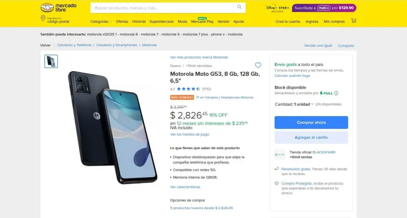 Smartphone Motorola Moto G53 con rebaja en Mercado Libre.