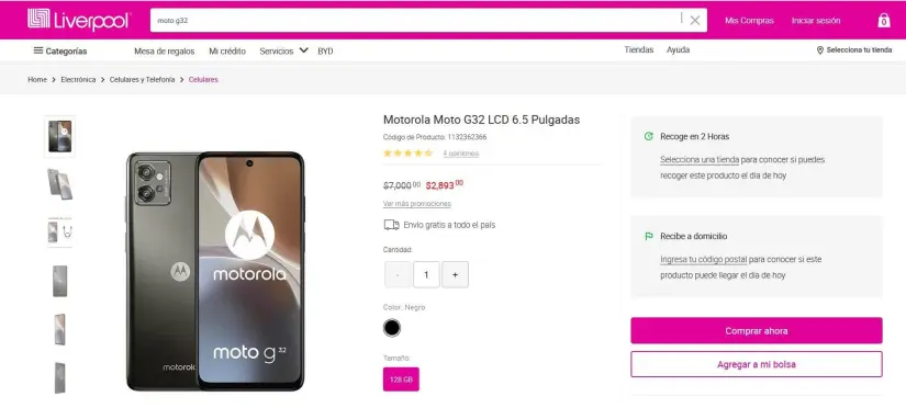 El smartphone Motorola Moto G32 en remate en Liverpool.