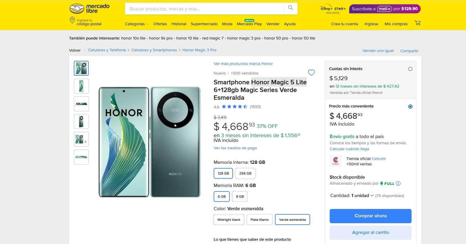 Smartphone Honor Magic 5 Lite con descuento en su precio de lista en Mercado Libre.