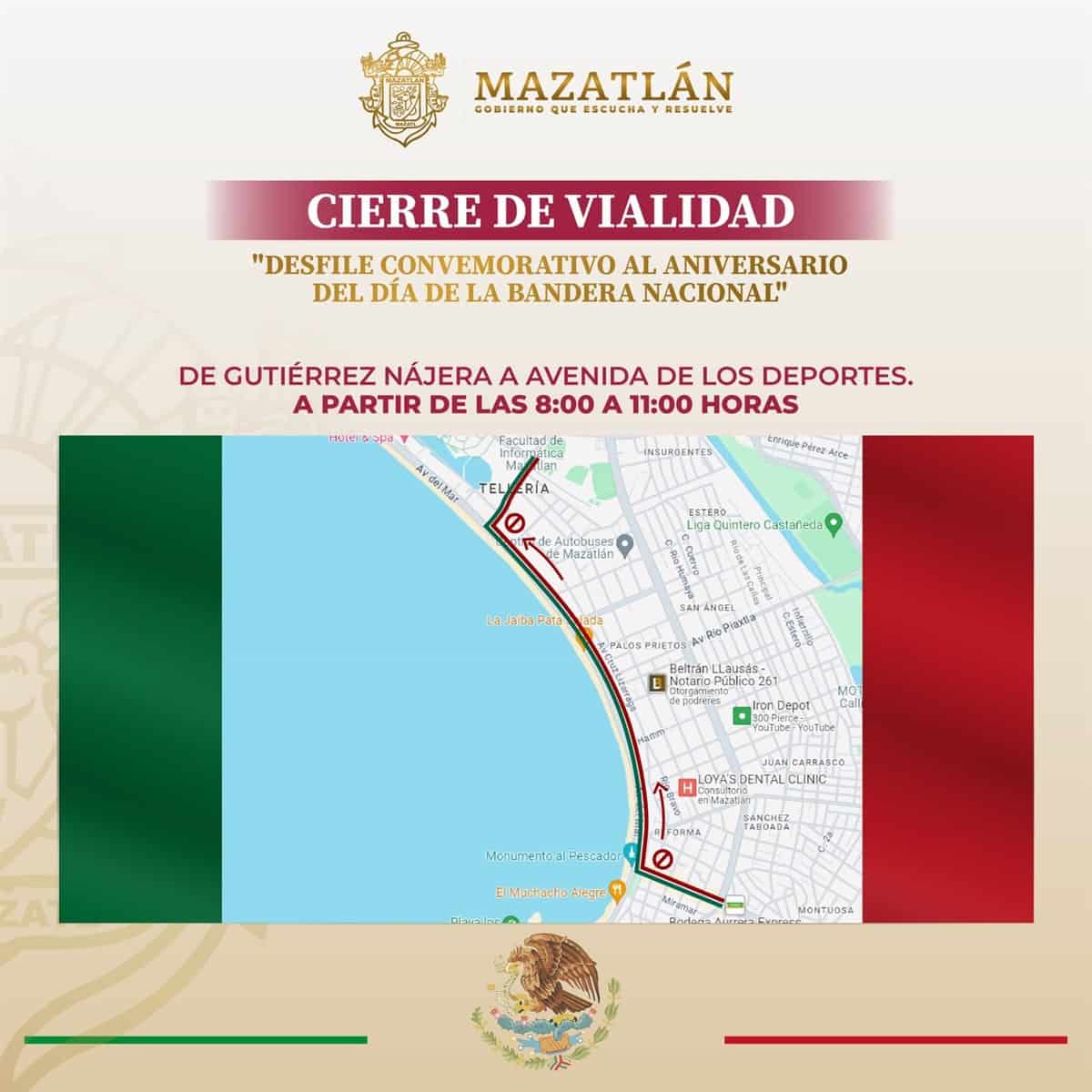 Mazatlán- cierre de vialidades por desfile de banderas