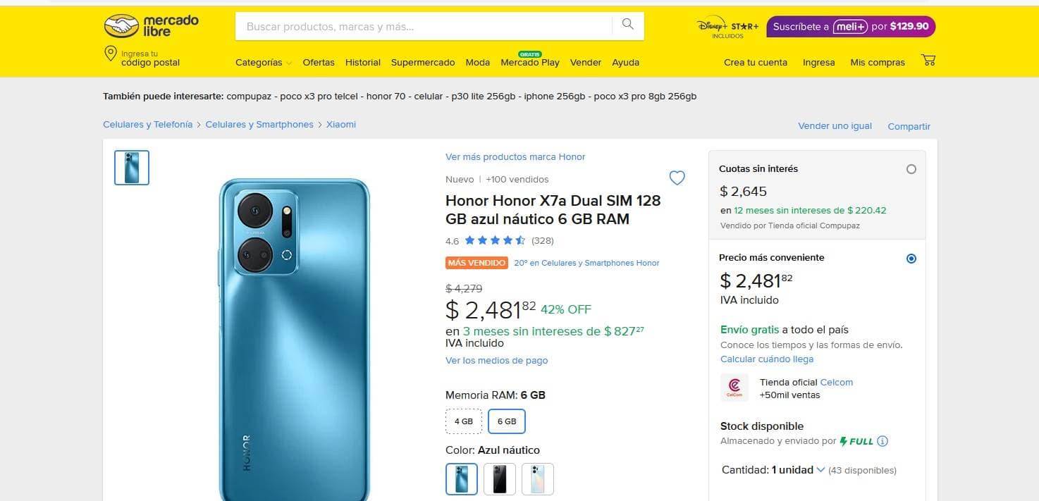 Smartphone Honor X7a en descuento en Mercado Libre