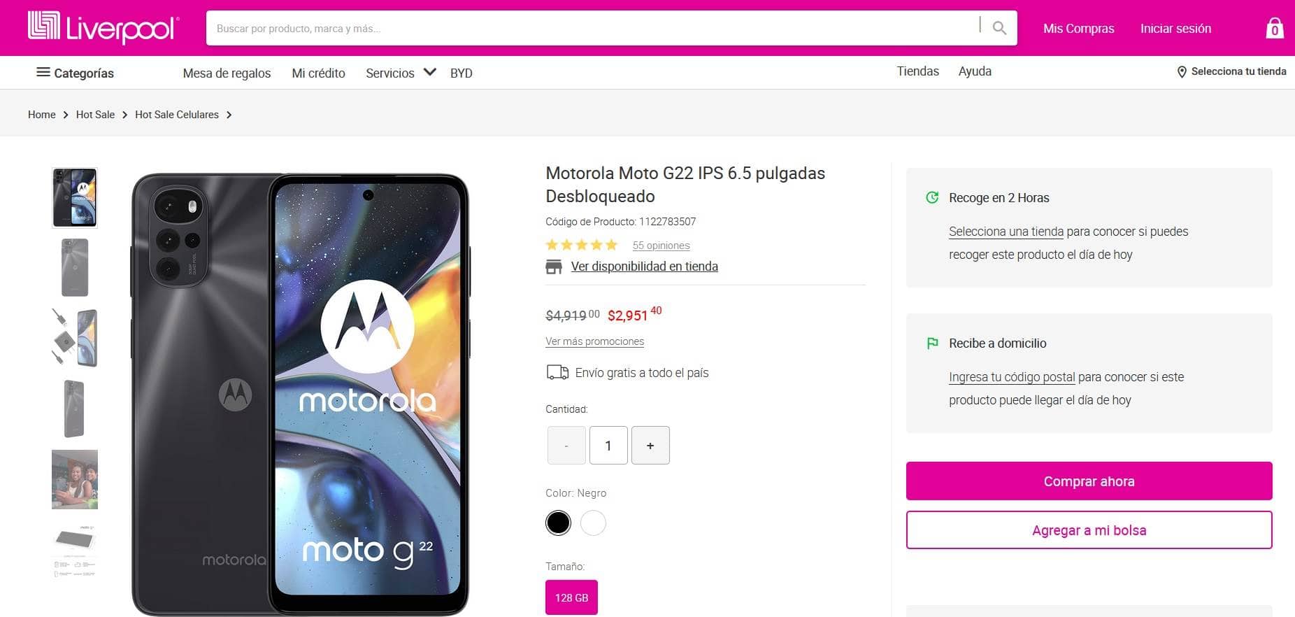 Smartphone Motorola Moto G22 precio con descuento en pagina de Liverpool