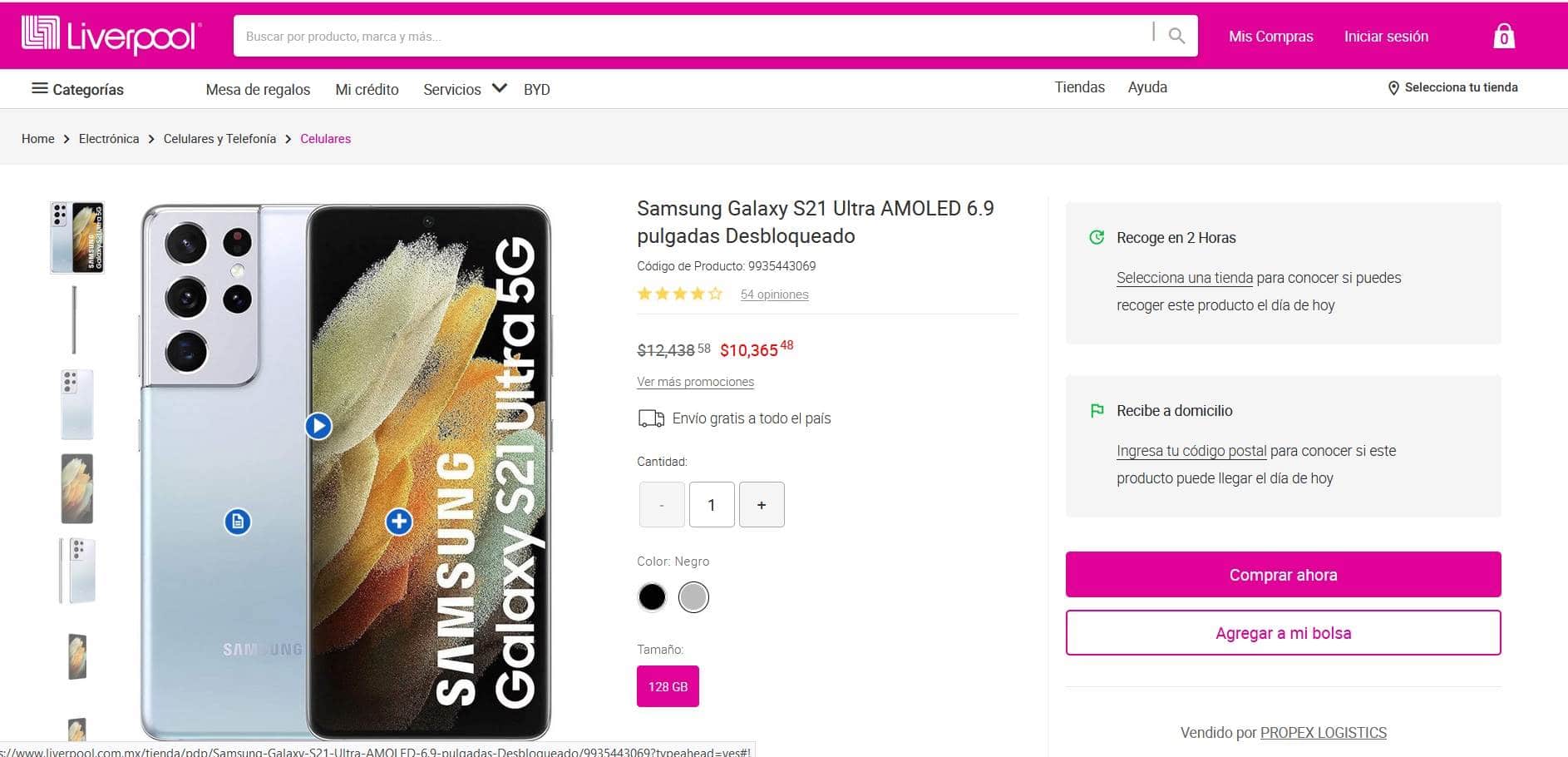Smartphone Samsung Galaxy S21 Ultra con rebaja en Liverpool