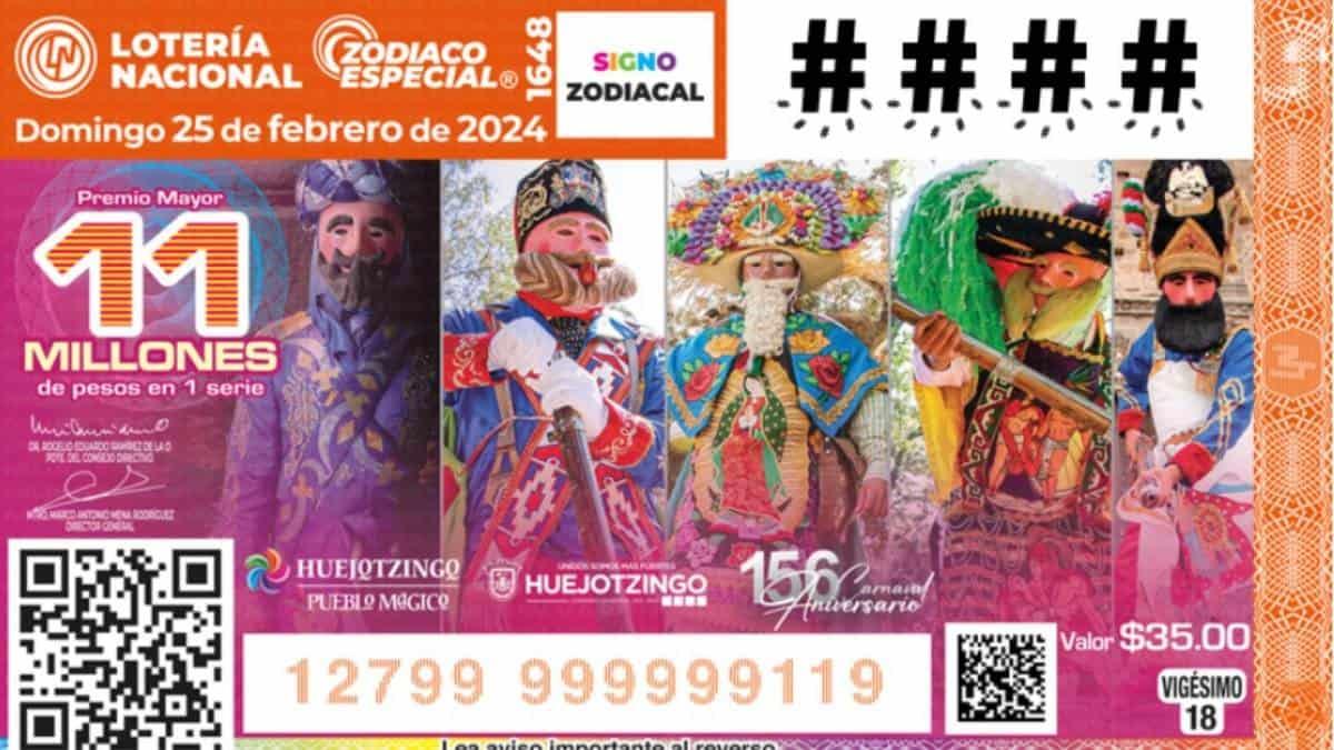 El Sorteo Zodiaco Especial 1648 tuvo un billete alusivo al Carnaval de Huejotzingo. Foto: Lotería Nacional